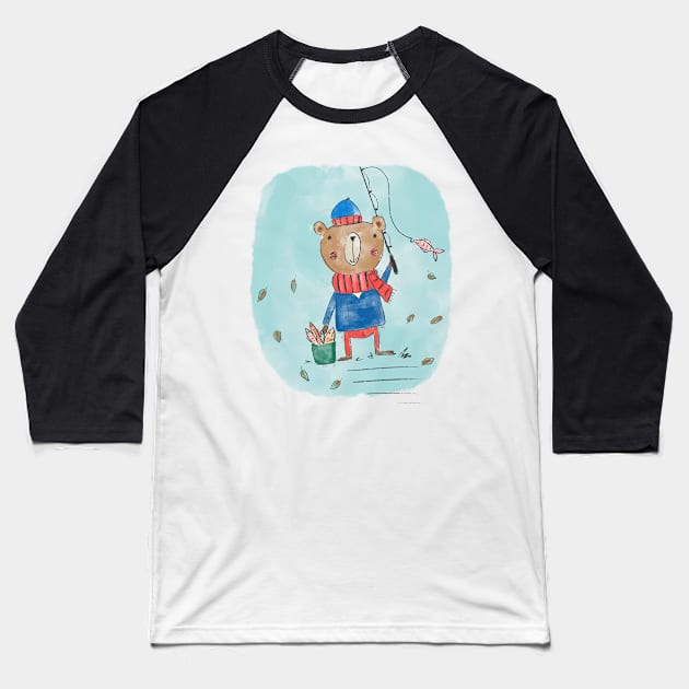 Fishing Bear cartoon Baseball T-Shirt by Guncha Kumar